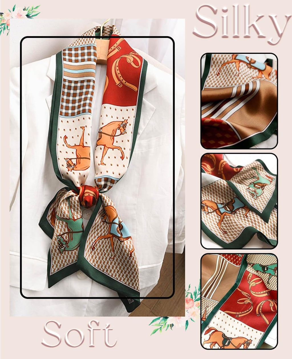 Clysoru Silk Neck Scarf Printed Scarves Head Women'S Fashion Oblique Angle Satin Scarfs For Bag Hair 59    X 5.9    (Green Horse