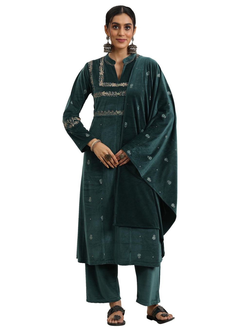 Libas Womens Embroidered Velvet A-Line Kurta With Trousers And Dupatta