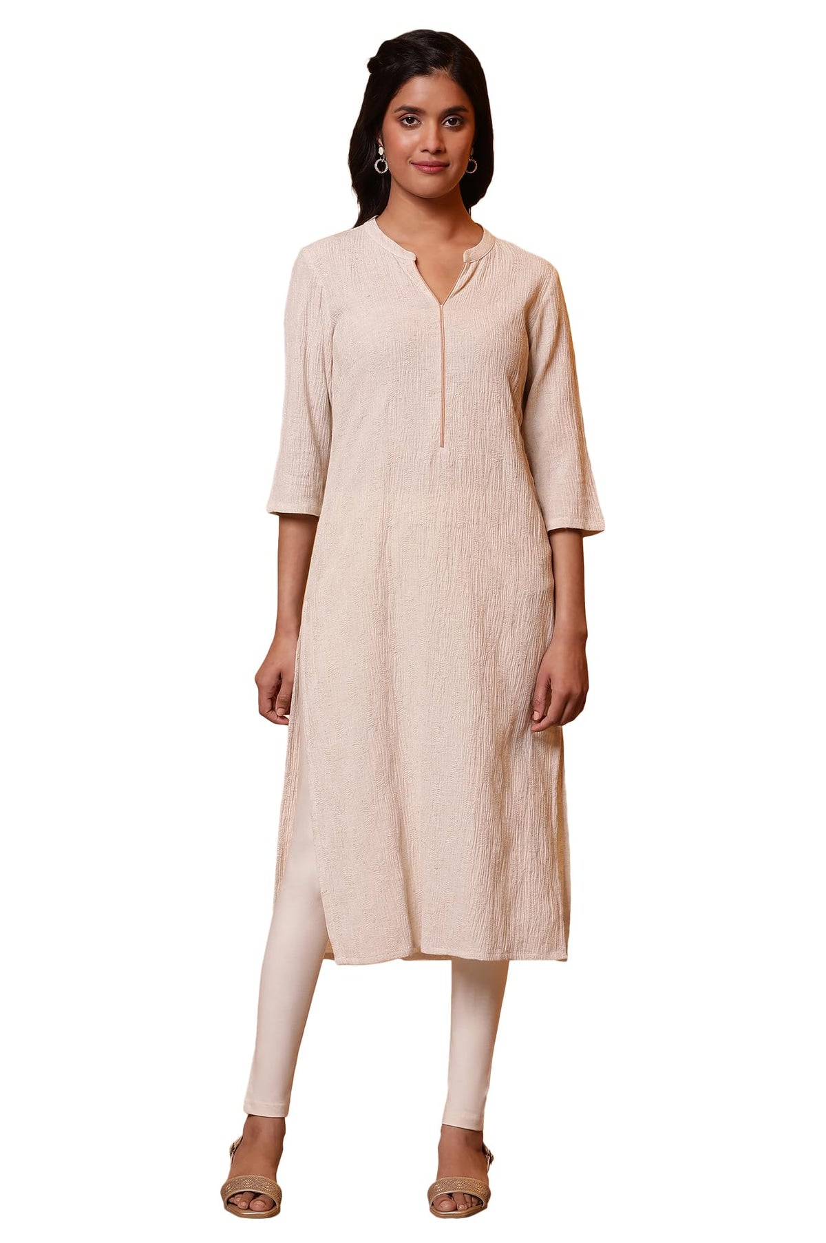 Aurelia Women Solid Cotton Blend Straight Kurta_24Fea15012_Xs Beige