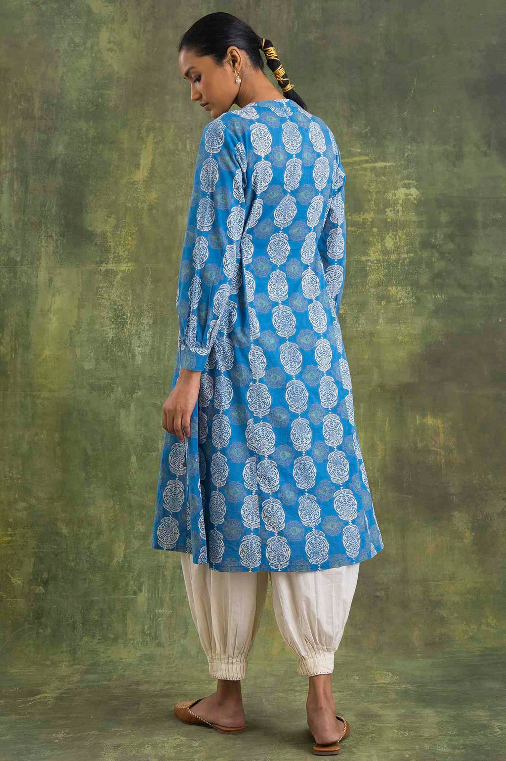 W For Woman Blue Block Printed Flared Kurta