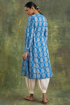 W For Woman Blue Block Printed Flared Kurta