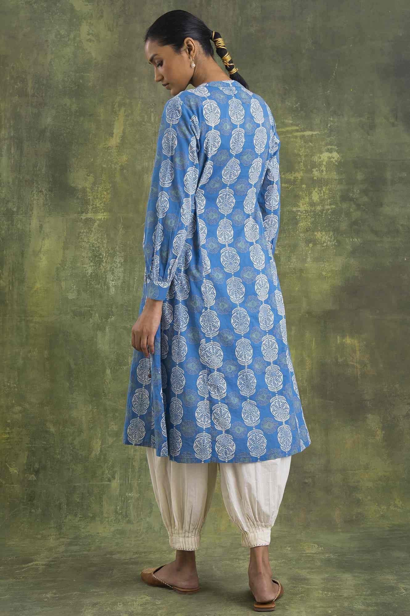 W For Woman Blue Block Printed Flared Kurta