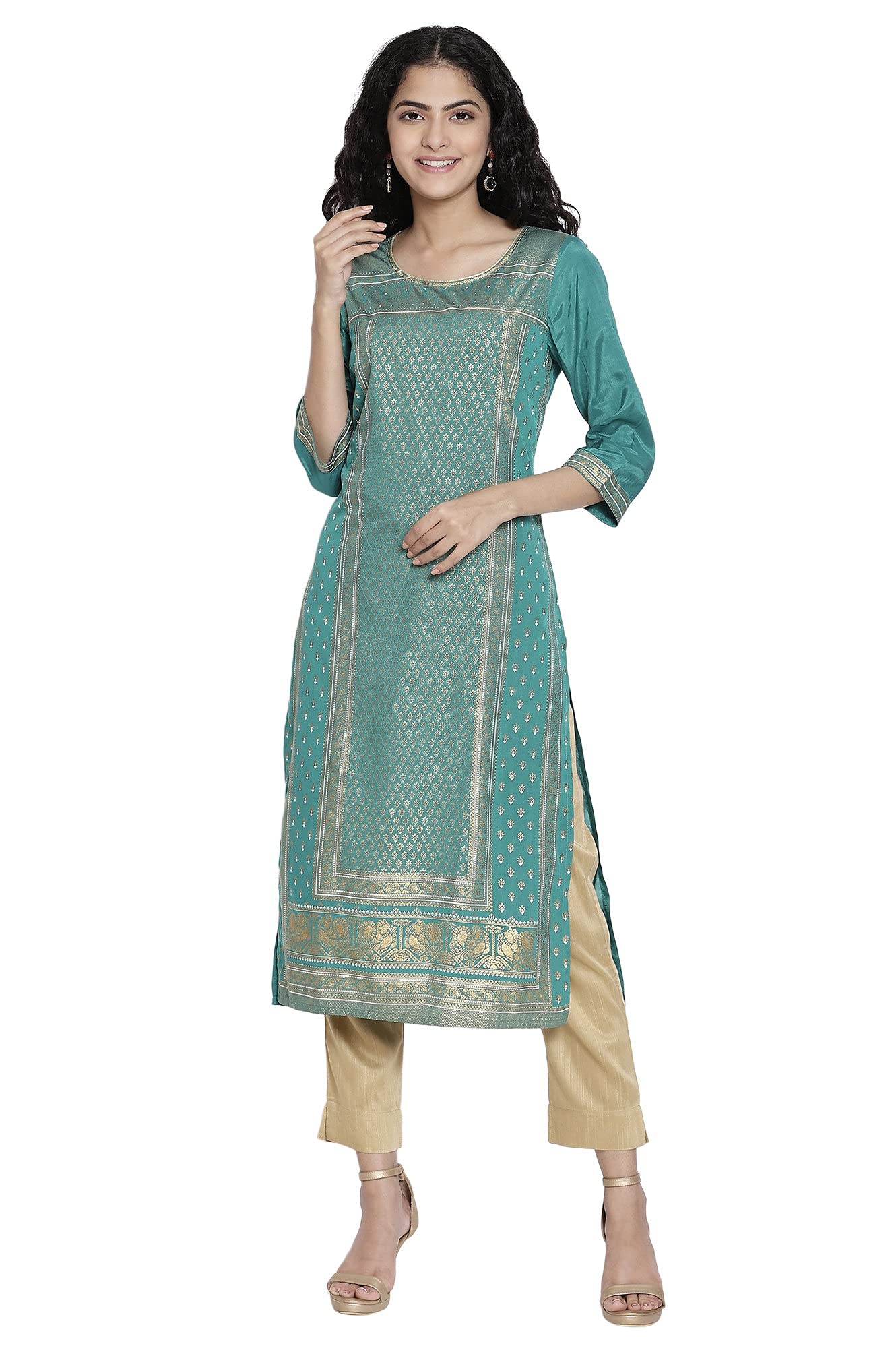 Aurelia WomenS Viscose Green Geometric Round Neck Straight Kurta_21Aua11331-502654_Xs