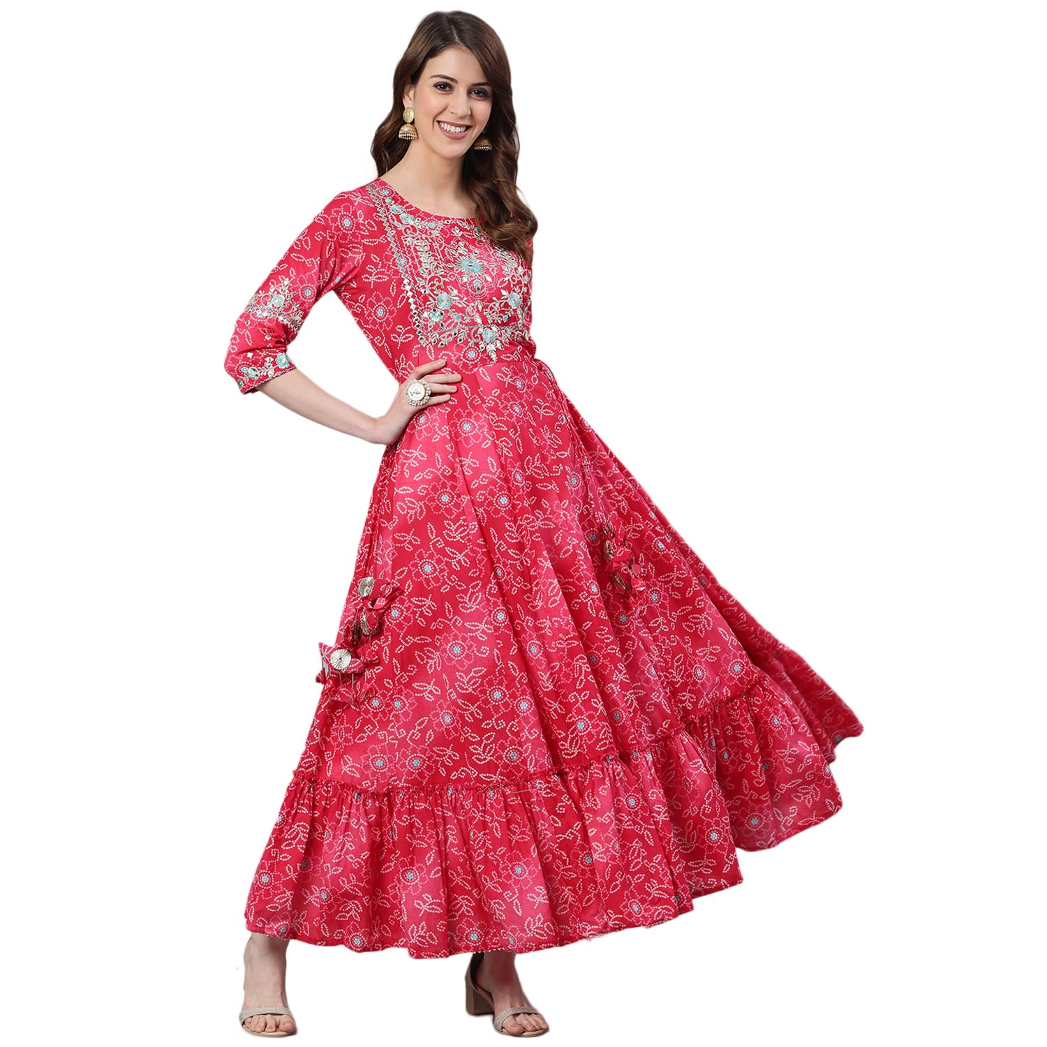 Ishin Women'S Pure Cotton Pink Bandhani Embroidered Anarkali Kurta