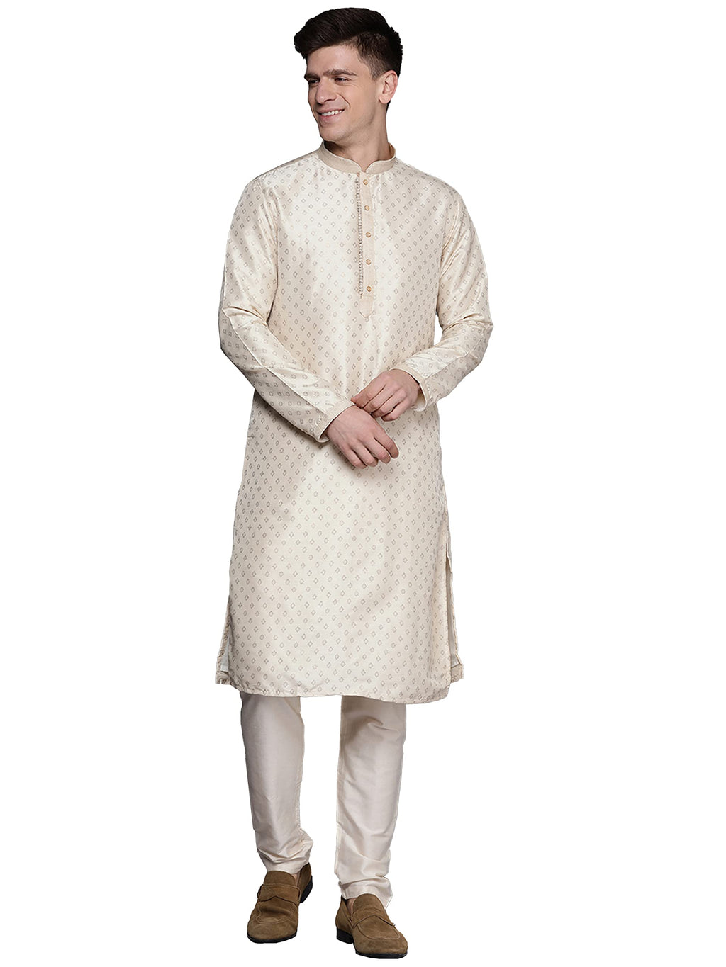 Manyavar MenS Biscuit Cream Shankh Patterned Kurta Set (2Pcs) (Beige,M)