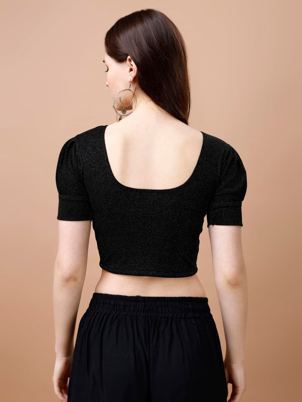 Pujia Mills Womens Readymade Shining Lycra Stretchable Round Neck Half Puff Sleeve Blouses Lycra Stretchable Black Color Blouse