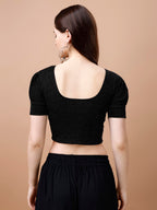 Pujia Mills Womens Readymade Shining Lycra Stretchable Round Neck Half Puff Sleeve Blouses Lycra Stretchable Black Color Blouse