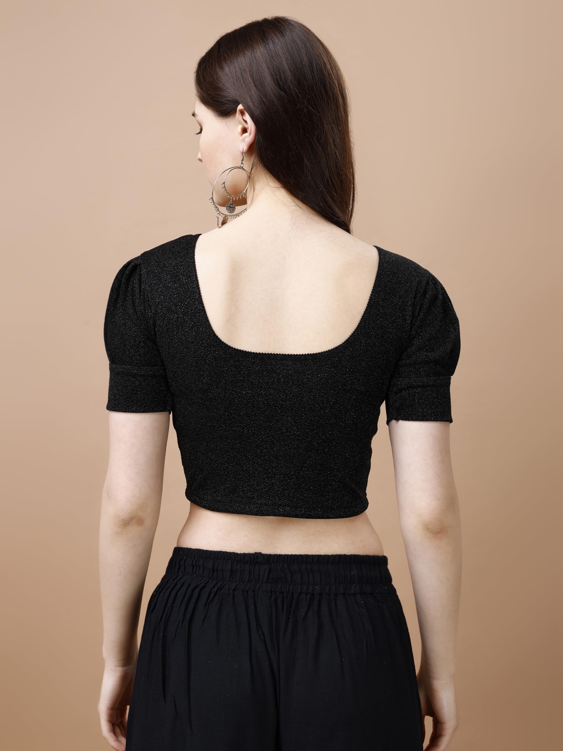 Pujia Mills Womens Readymade Shining Lycra Stretchable Round Neck Half Puff Sleeve Blouses Lycra Stretchable Black Color Blouse