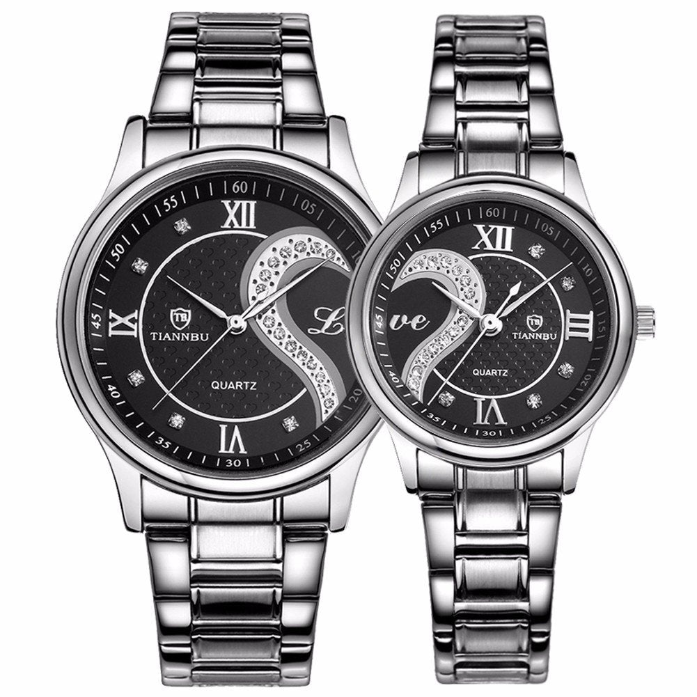 DREAMING Q&P Valentine's Romantic Stainless Steel His and Hers Wrist Watches,fq-102 Gifts Set for Lovers,Black Color 2 Pieces
