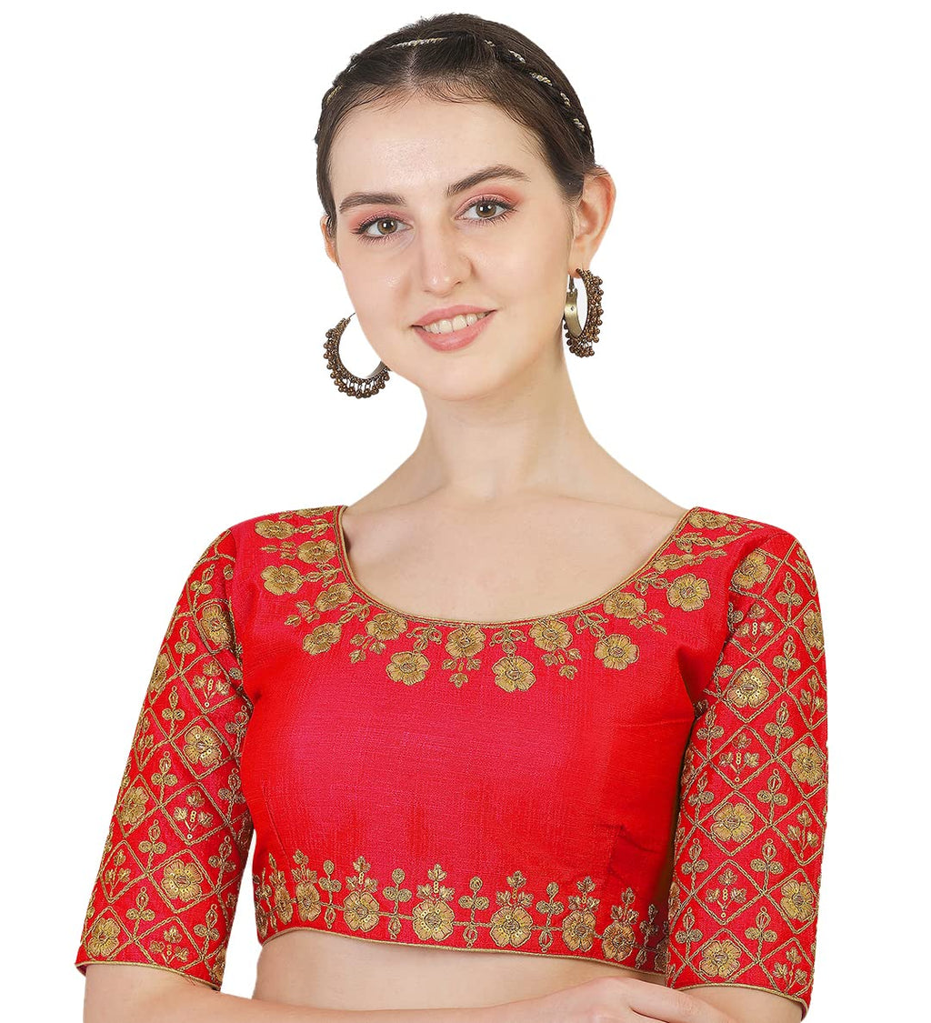 Pujia Mills Womens Silk Embroidery Half Sleeve Readymade Blouse (Madhubala Blouse_Red_36)