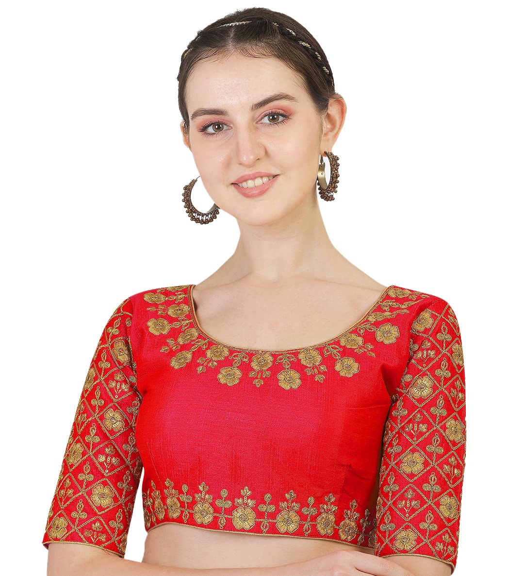 Pujia Mills Womens Silk Embroidery Half Sleeve Readymade Blouse (Madhubala Blouse_Red_36)