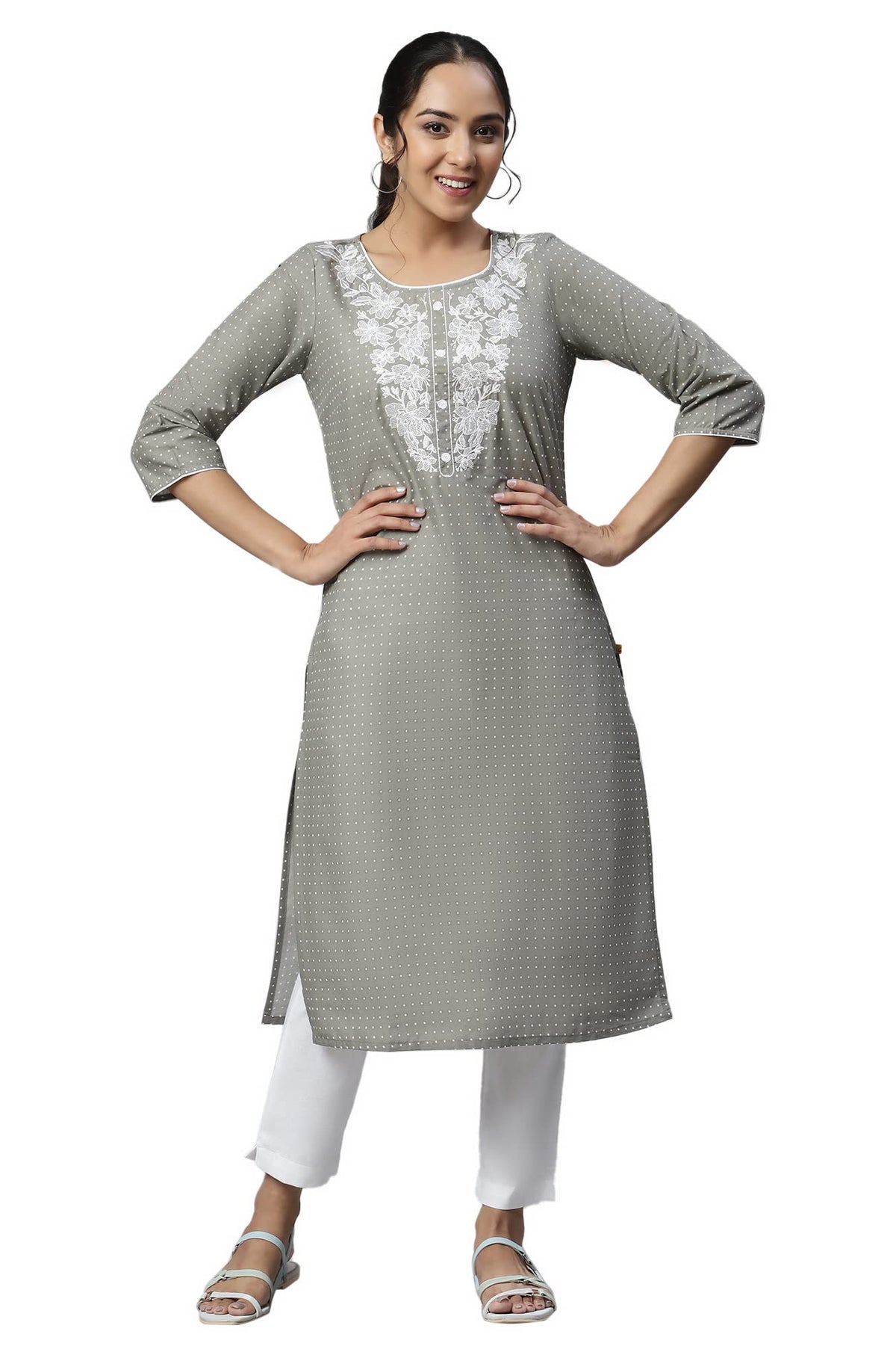 Aurelia Women Grey Cotton Geometric Printed Straight Kurta_22Aua13345-505794_Xs