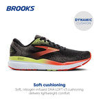 Brooks Mens Ghost 16 Neutral Running Shoe - Black/Mandarin Red/Green - 12.5 Medium
