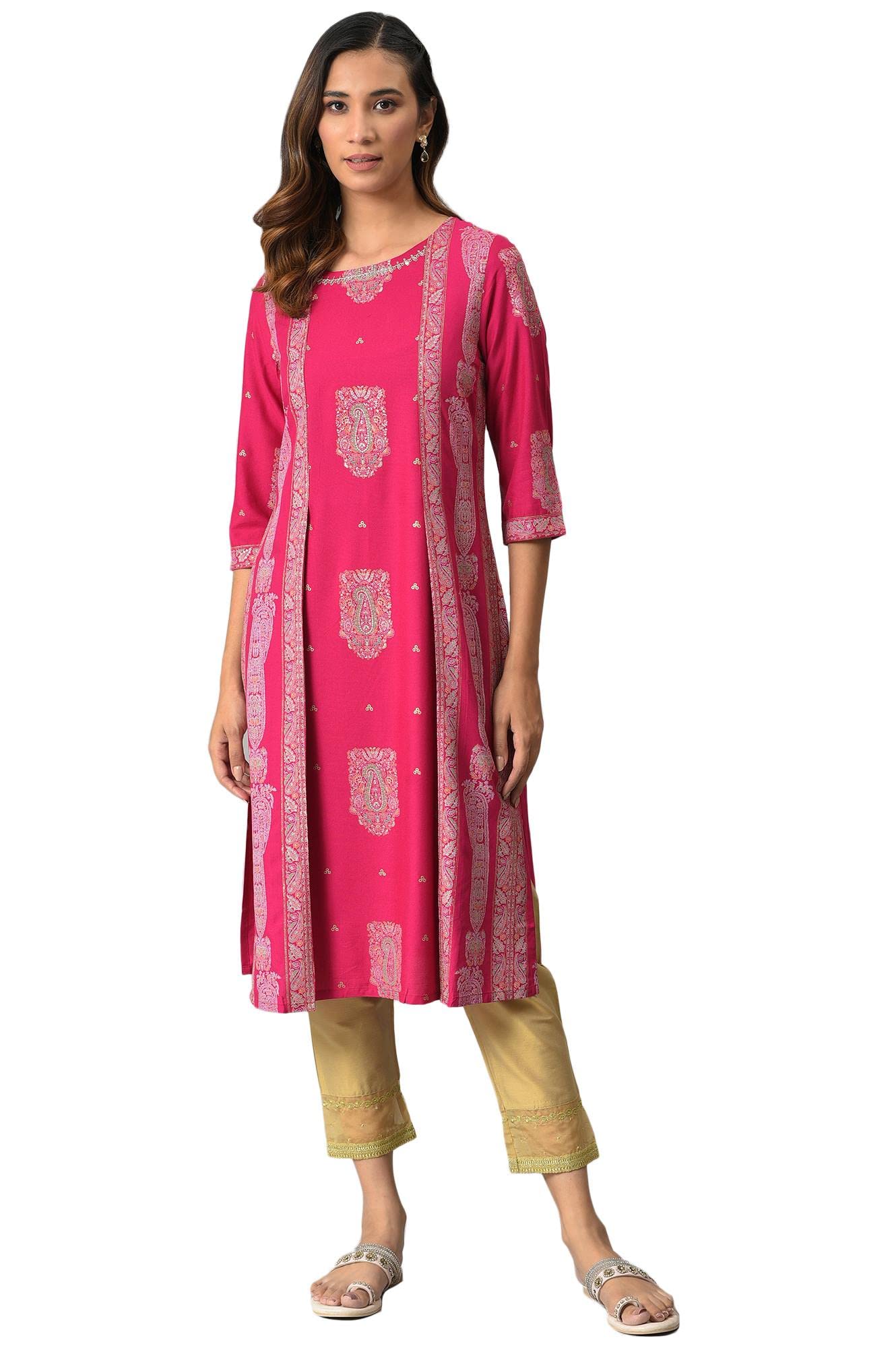 W For Woman Dark Pink Mock Layered Beadwork Kurta (Size: 2Xl)-23Auw18253-119902