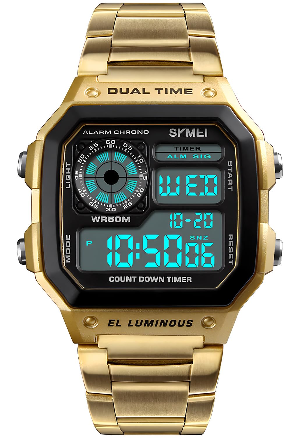 PASOY Men's Gold Digital Watches for Men Stainless Steels Alarm Stopwatch Countdown Outdoor Sports Waterproof Watch (Gold)