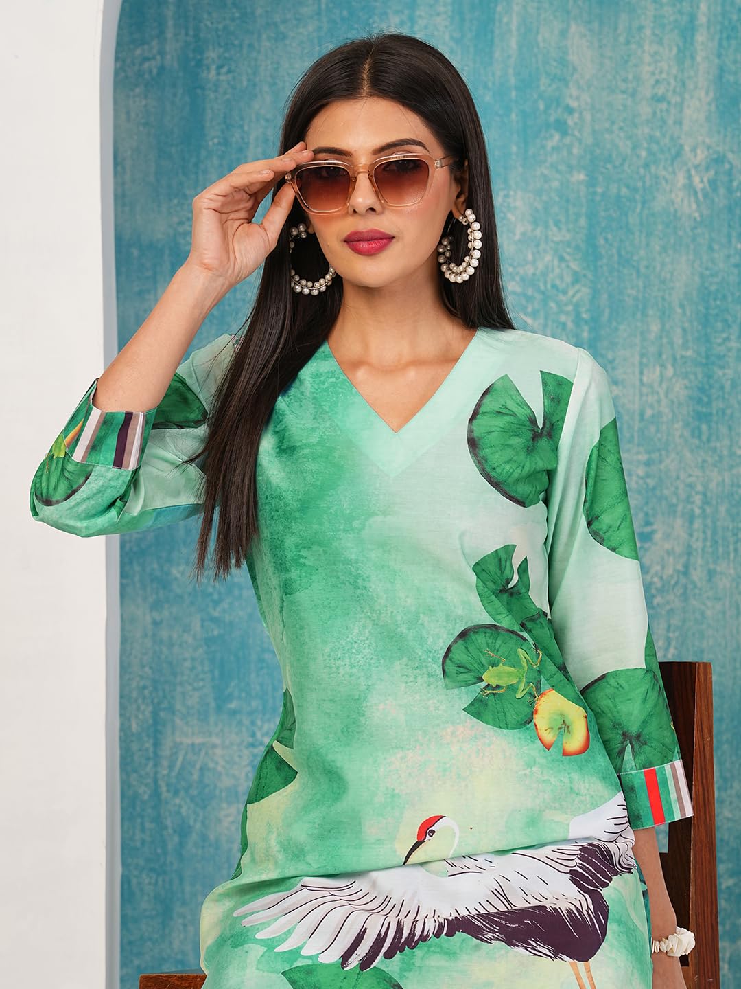 ANNI DESIGNER Women s Cotton Blend Kurta with Palazzo, See Green, XL