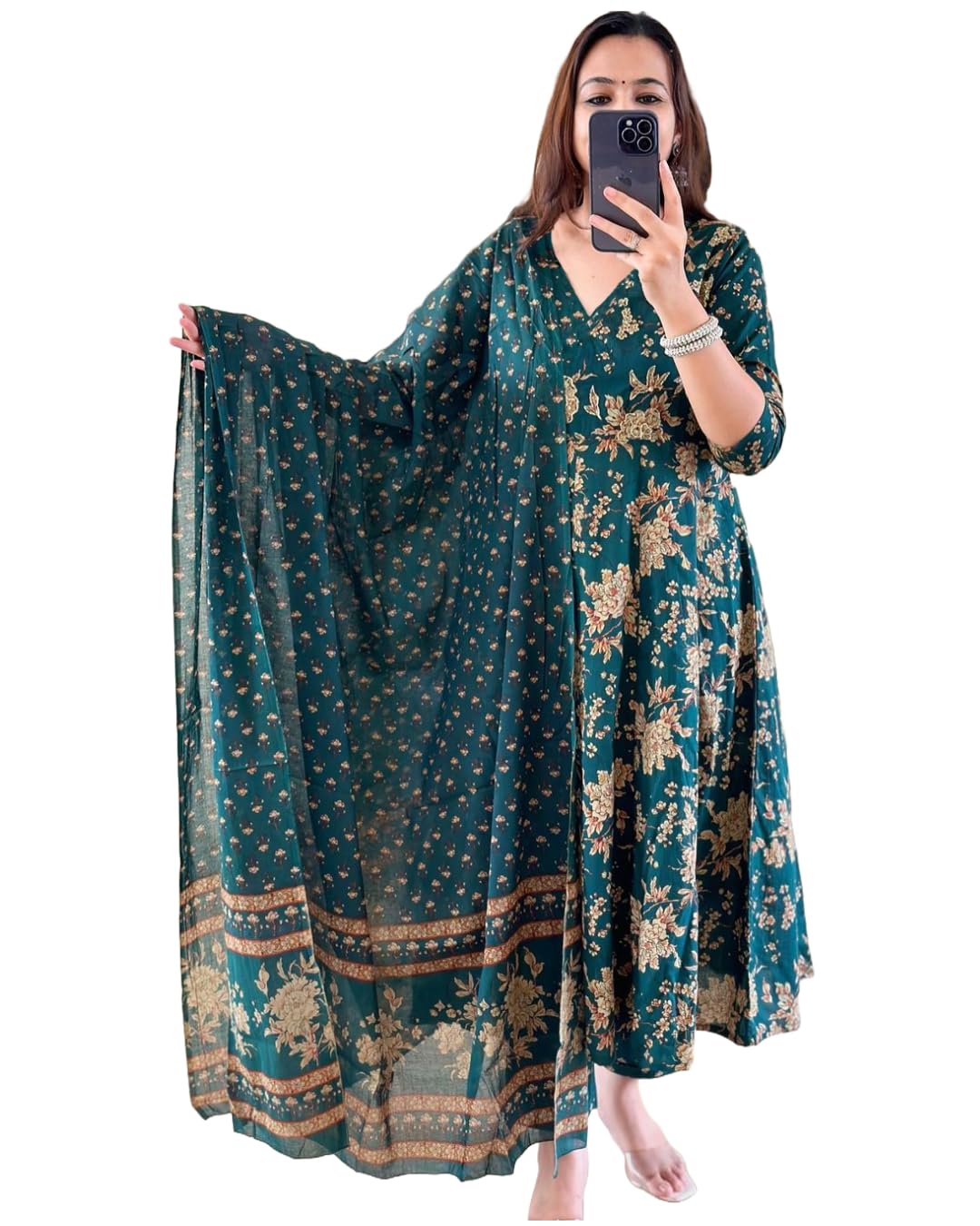 ANNI DESIGNER Womens Rayon Blend Anarkali Printed Kurta with Pant & Dupatta (NAVNEETA Dark Green_M_Dark Green_Medium)