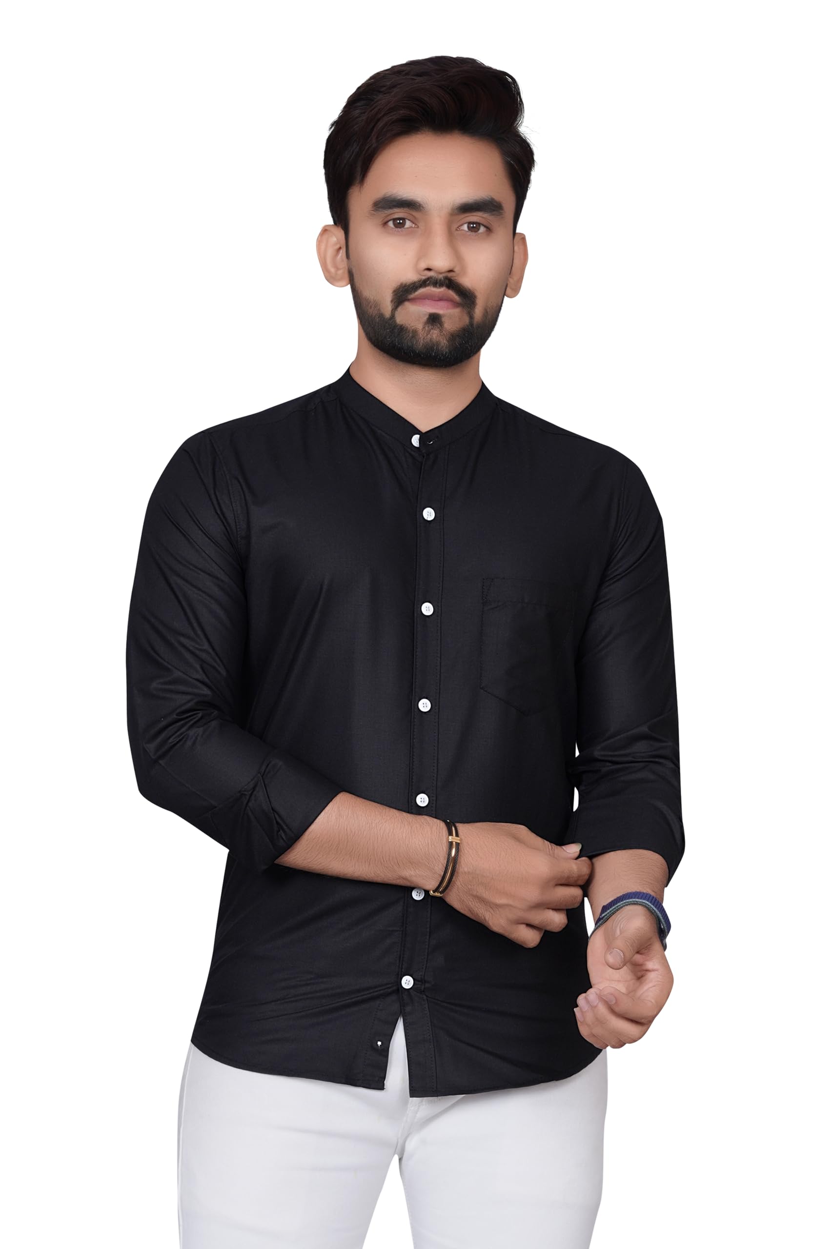 Besix MenS Regular Fit Solid Cotton Shirt | Chinese Collar | Casual | Plain | Branded | Mandarin Collar | Full Sleeve | Summer 