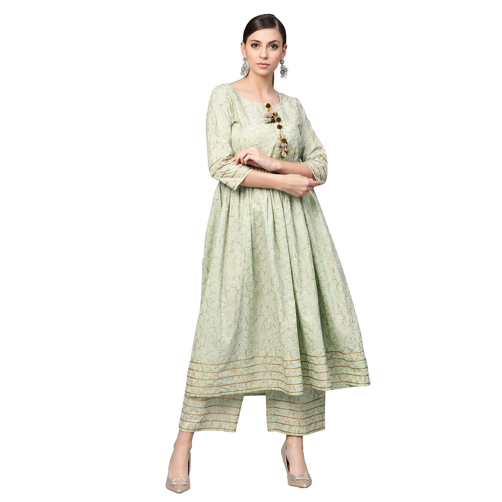 Idalia Cotton Blend Kurta Set For Women, 3/4 Sleeve, Calf-Length, Elegant Design For Special Occasions Multicolour
