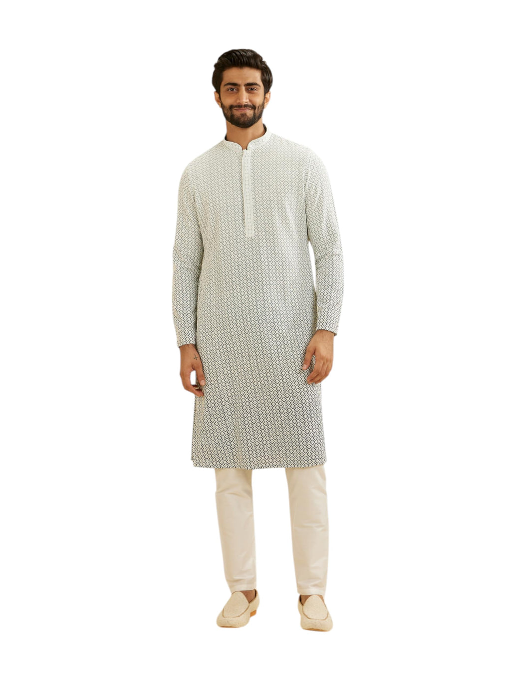 Manyavar Mens Viscose Embroidery|Thread Work Kurta Set (Grey,XL)