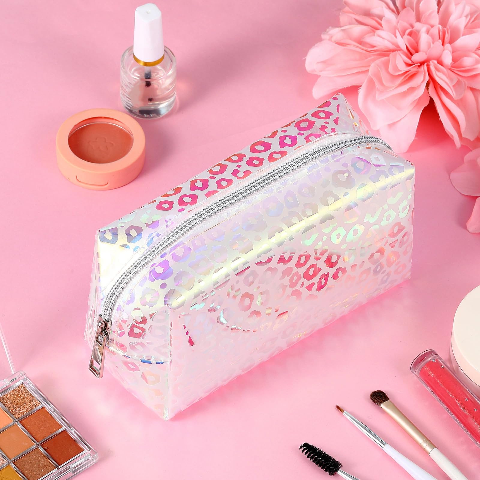 Boao 2 Pieces Clear Iridescent Holographic Makeup Bag Cosmetic Toiletry Bag Pouch Waterproof Portable Skinny Glitter Pencil Case