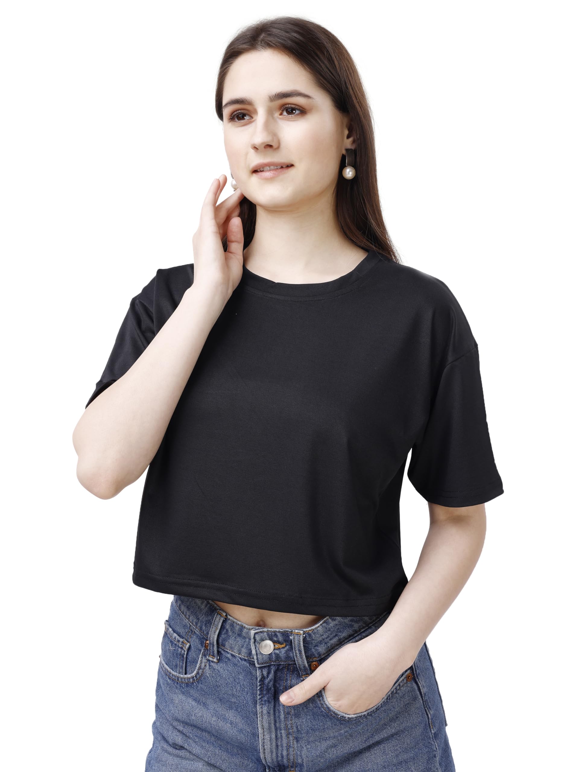 ELLITI Soft Rich Cotton Black Half Sleeve | Round Neck | Oversized/Loose Fit | Down Solder | Plain/Soild Crop Top for Women (Siz