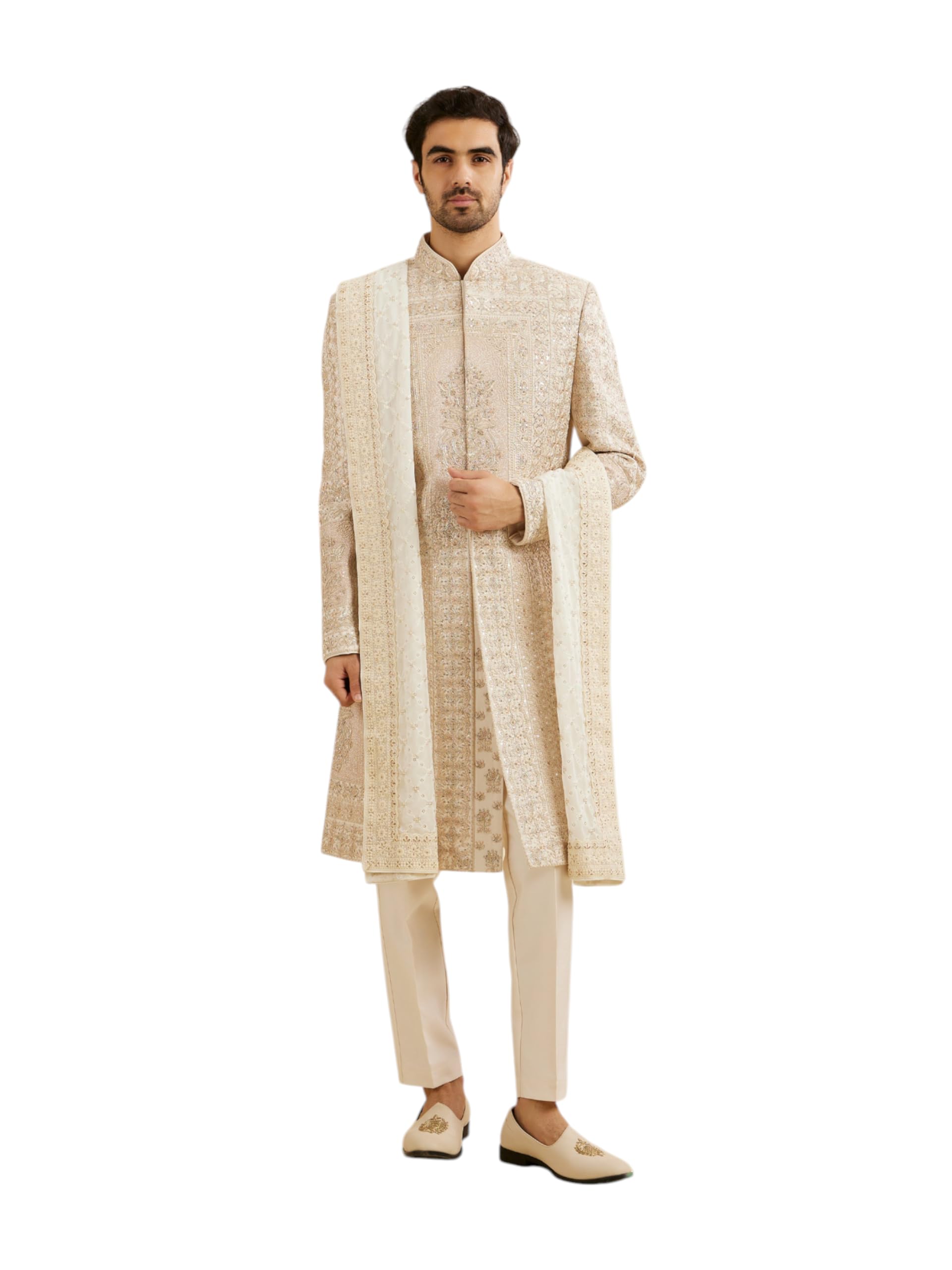 Manyavar MenS Georgette Sequin Shimmer Dupatta (Warm White)