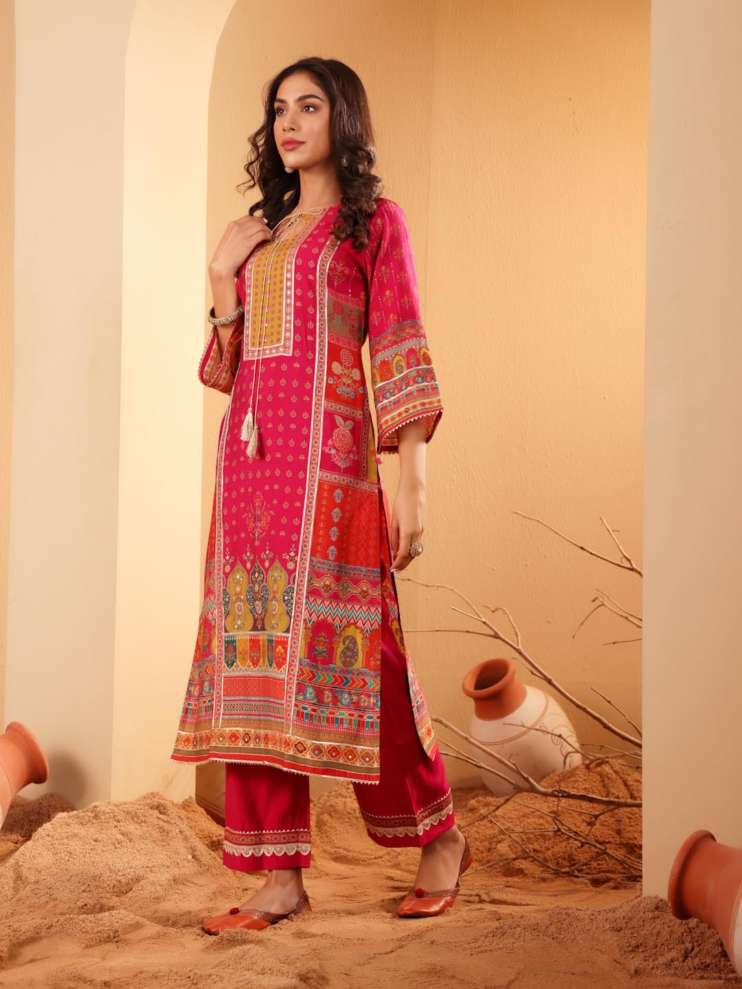 Varanga Women Fuchsia Pink Ethnic Printed Straight Kurta With Embroidered Trouser  Stylish Ethnic Set
