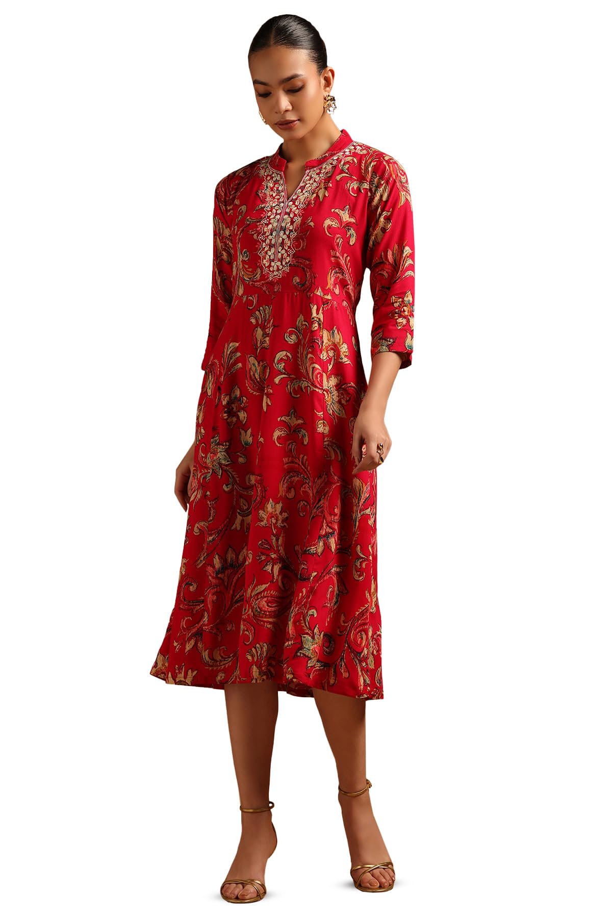 Soch Women Rayon Floral Print Dress with Zardozi