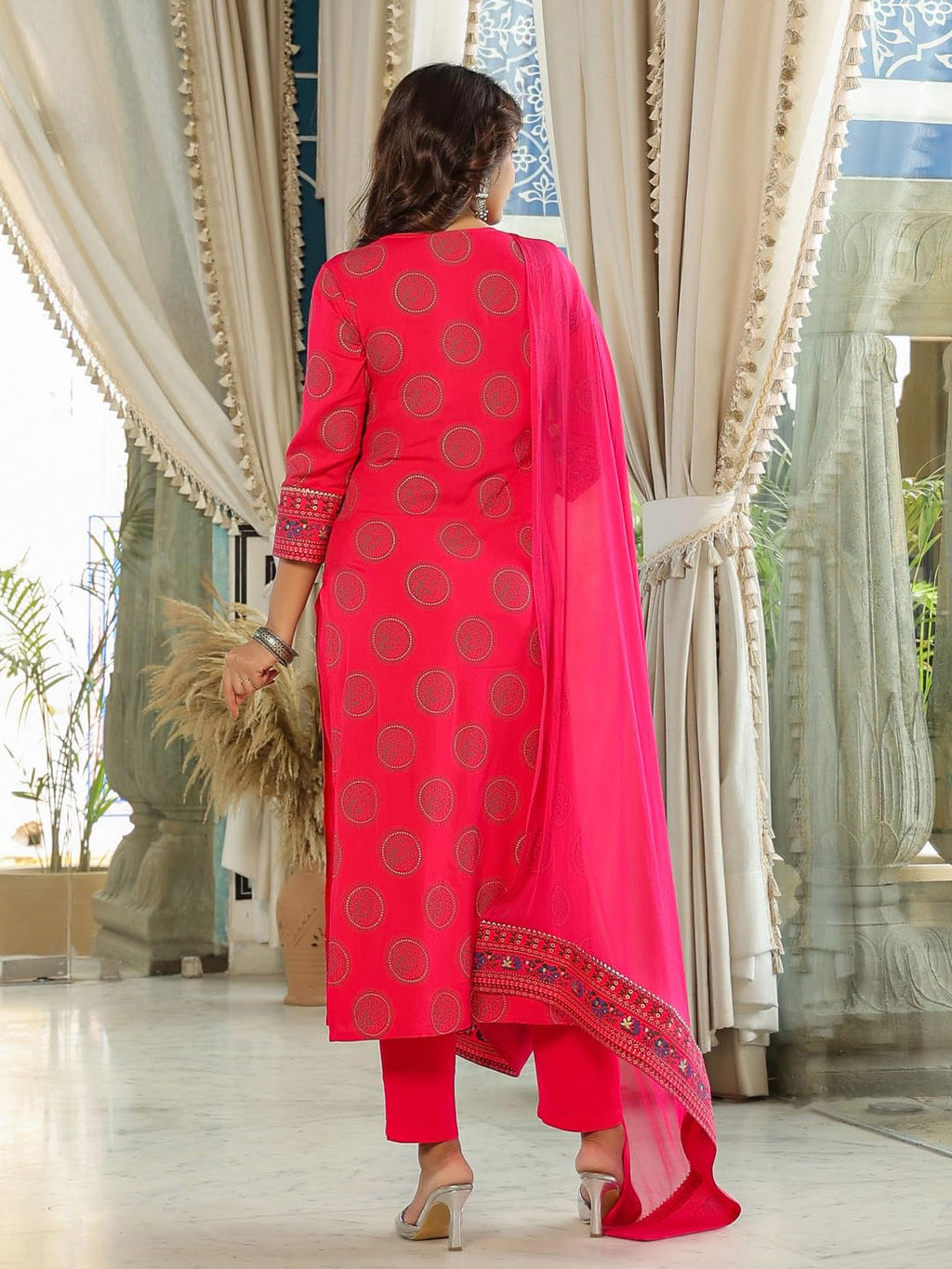 ANNI DESIGNER Ladies Cotton Blend Kurta with Trousers and Dupatta, pink, M