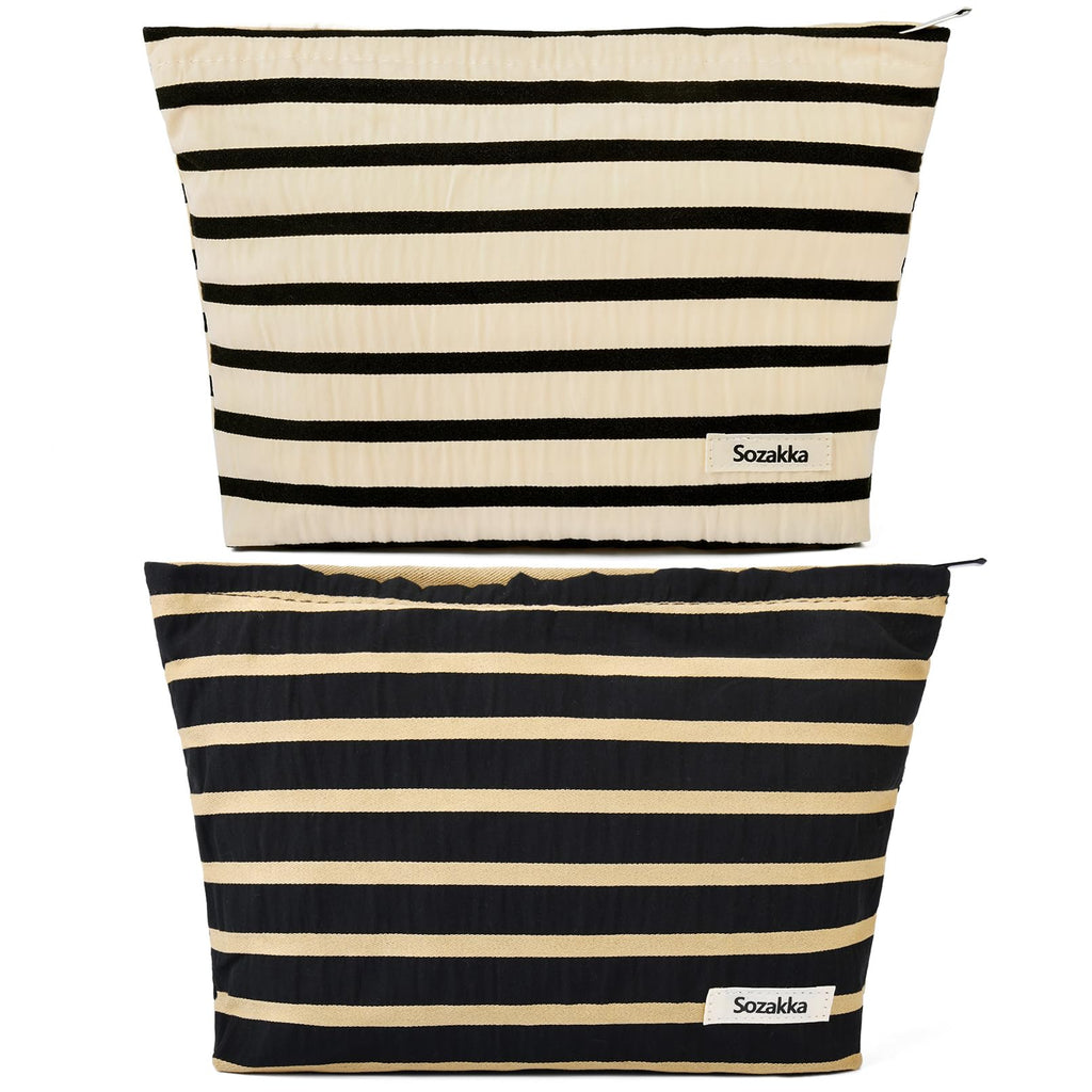 SOIDRAM 2 Pieces Makeup Bag Large Stripe Cosmetic Bag Capacity Canvas Travel Toiletry Bag Organizer Cute Makeup Brushes Aestheti