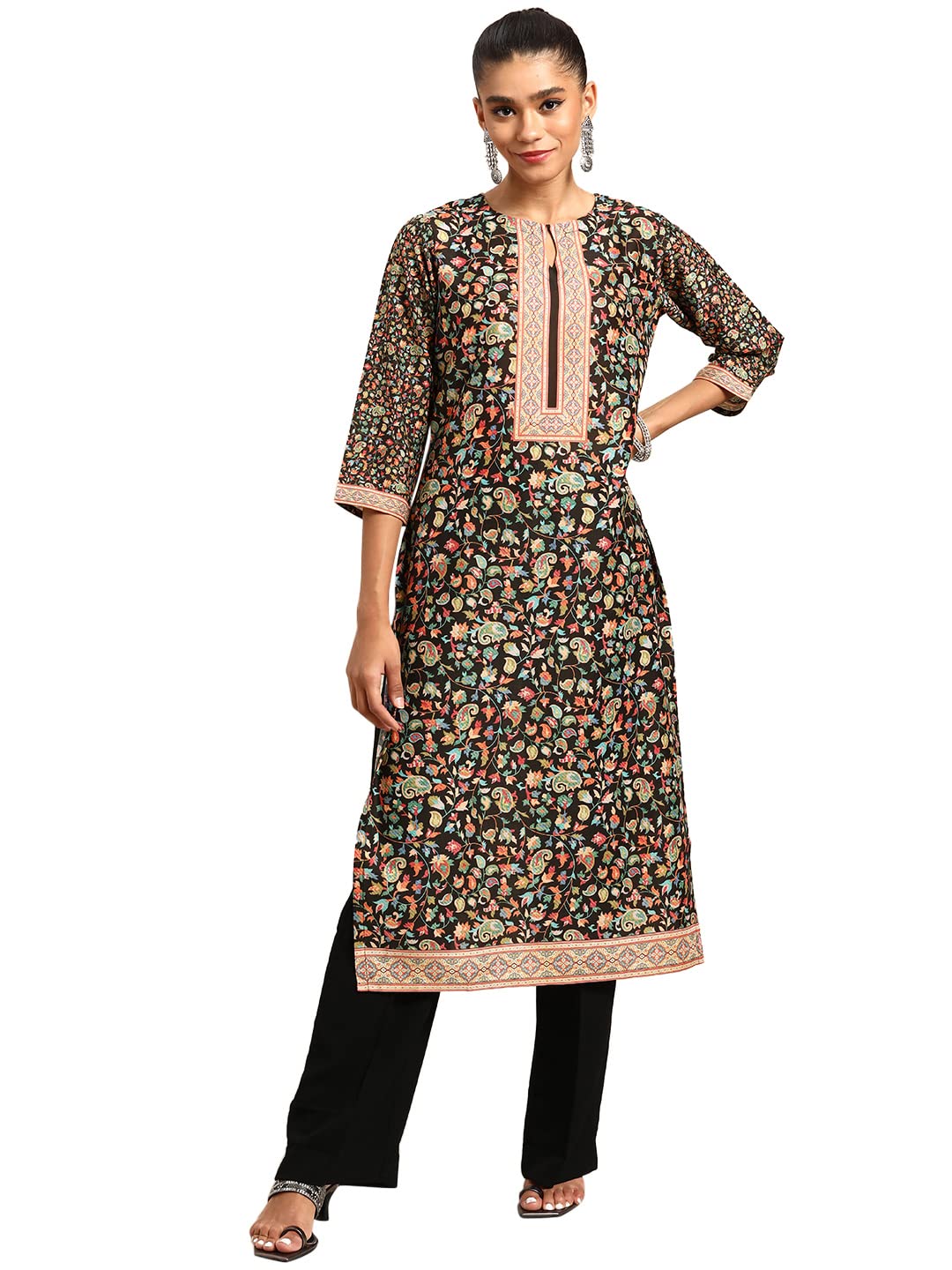 Libas Gerua Womens Printed Viscose Straight Kurta For Women Black