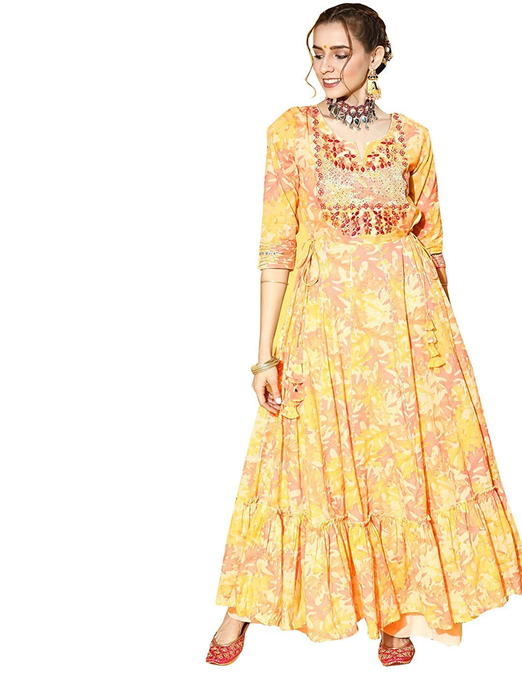 Ishin Women'S Cotton Blend Yellow Embroidered Anarkali Kurta