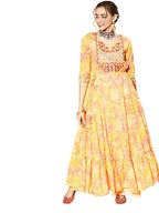 Ishin Women'S Cotton Blend Yellow Embroidered Anarkali Kurta