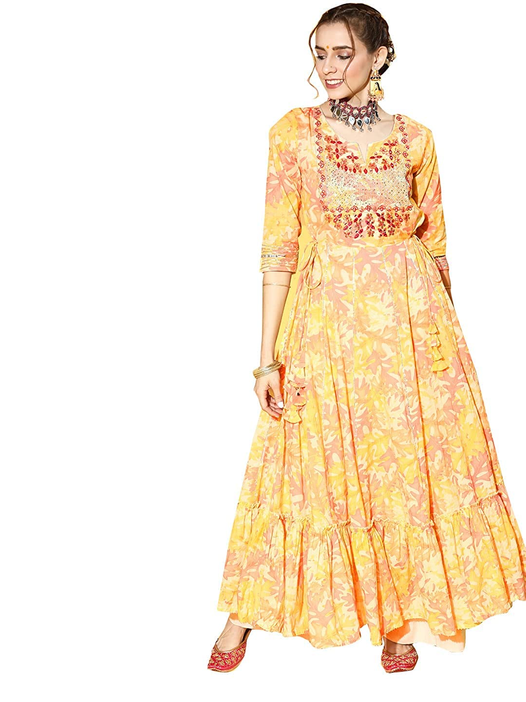 Ishin Women'S Cotton Blend Yellow Embroidered Anarkali Kurta