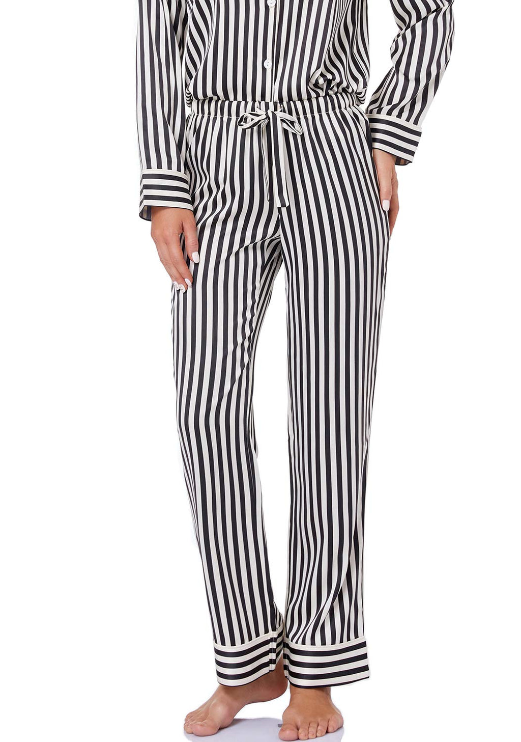 Serenedelicacy Women's Satin Pajama Set Long Sleeve Button Down Sleepwear 2-Piece Striped Silky Pj Set (Large, Black/Vanilla, St