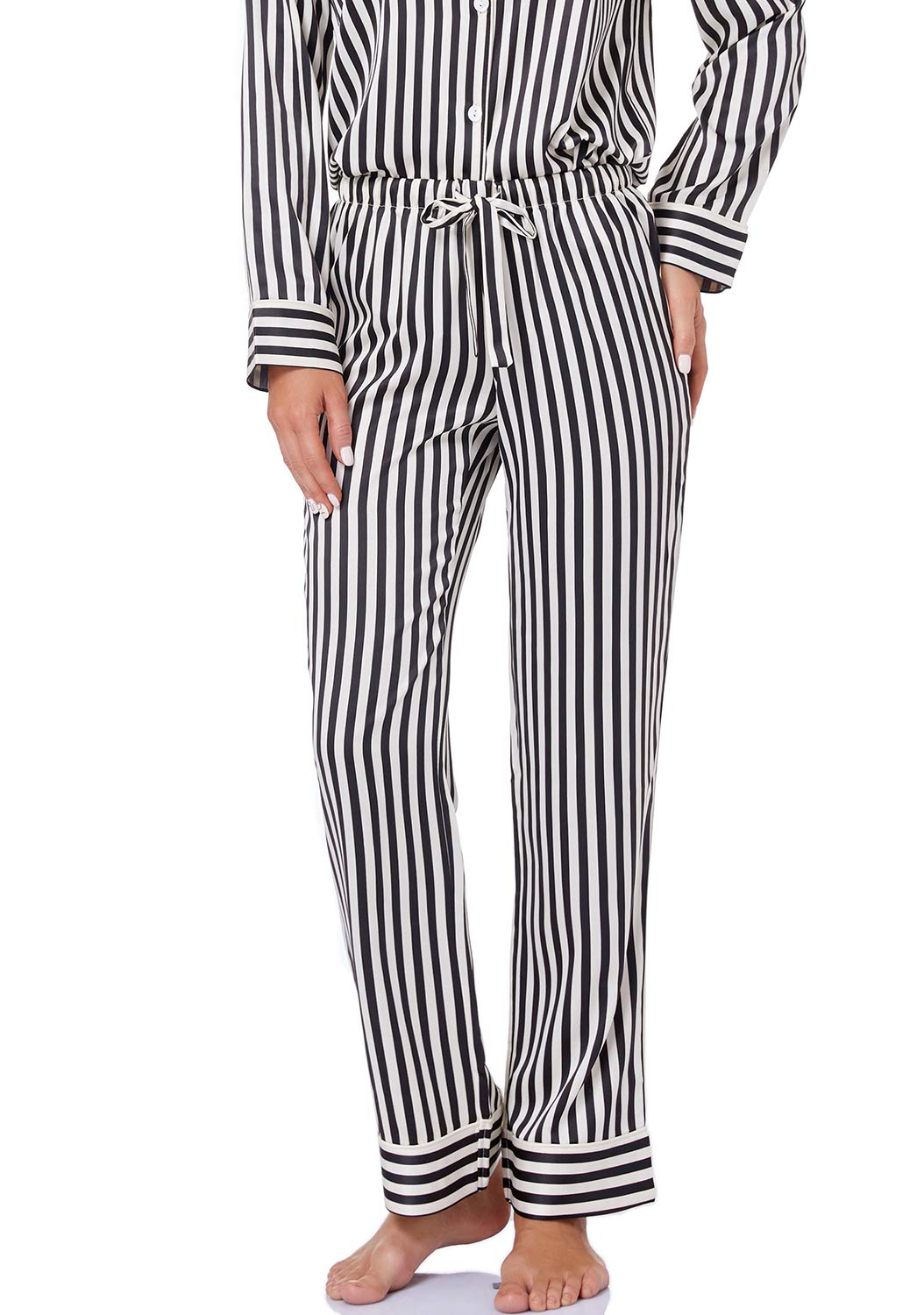 Serenedelicacy Women's Satin Pajama Set Long Sleeve Button Down Sleepwear 2-Piece Striped Silky Pj Set (Large, Black/Vanilla, St