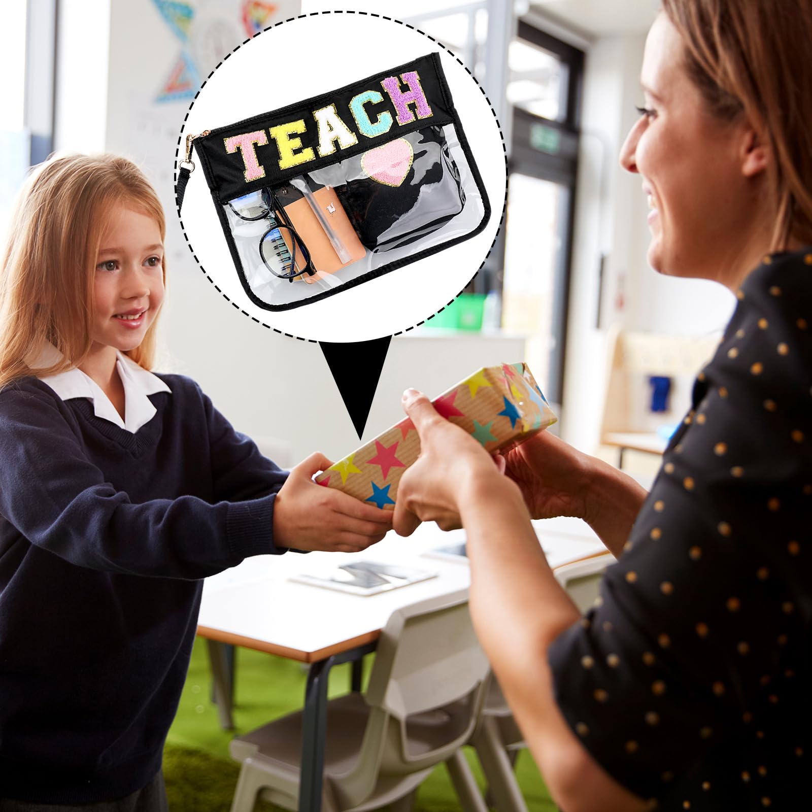 Hillban 2 Pcs Teacher Gifts Chenille Letter Bags Preppy Patch Makeup Bag Flat Clear Pouch PVC Organizer Purse Waterproof Travel