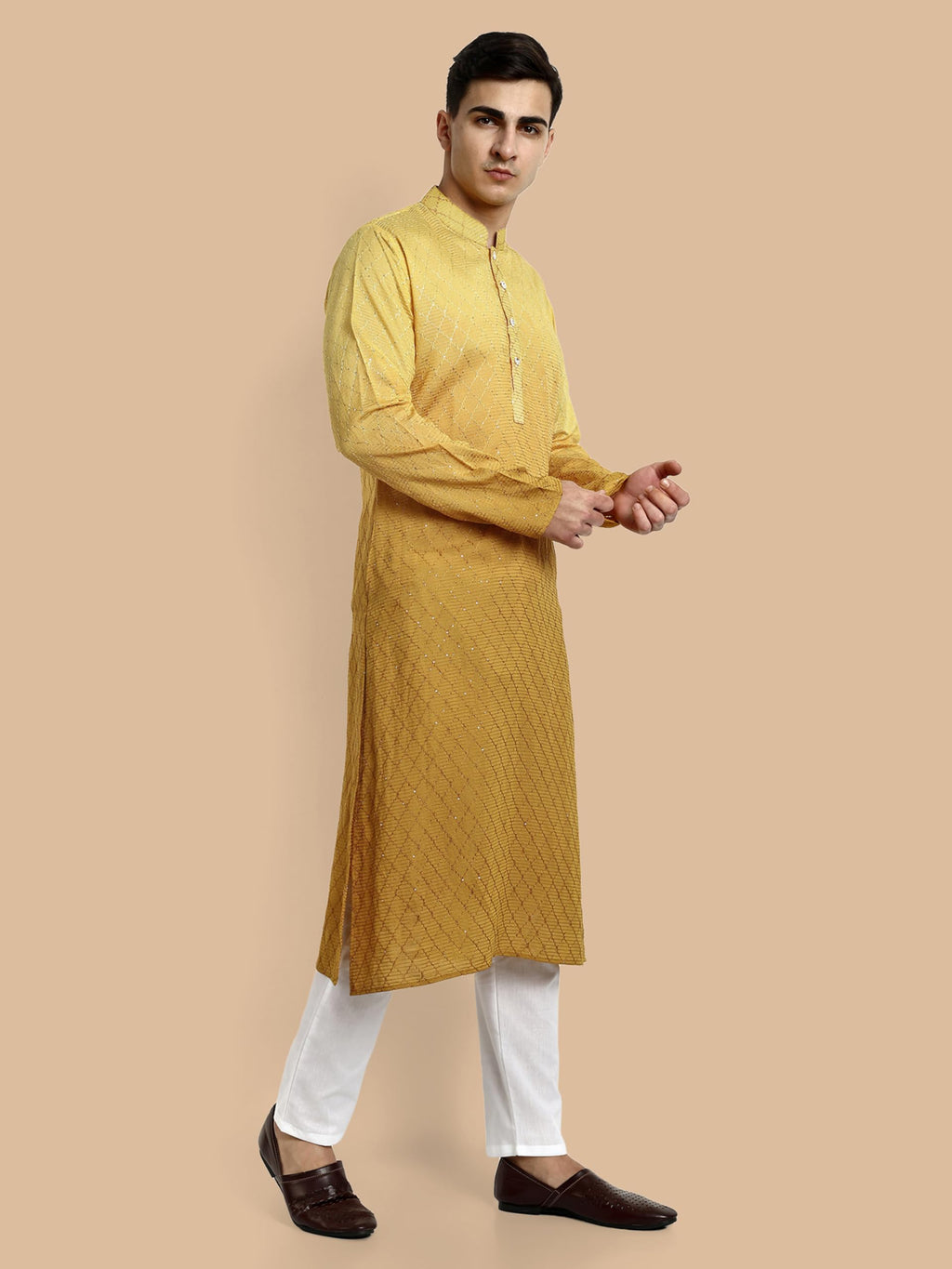 Vardha MenS Cotton Chikankari Embroidered And Sequence Full Sleeve Knee Length Casual Kurta For All Occations Like Wedding, Off