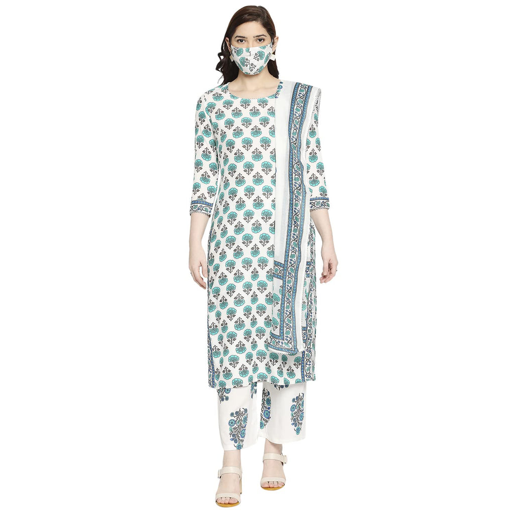ANNI DESIGNER Womens Cotton Straight Kurta with Palazzo & Dupatta (Jaipuri SEA Green_GSK_M_Sea Green_Medium)