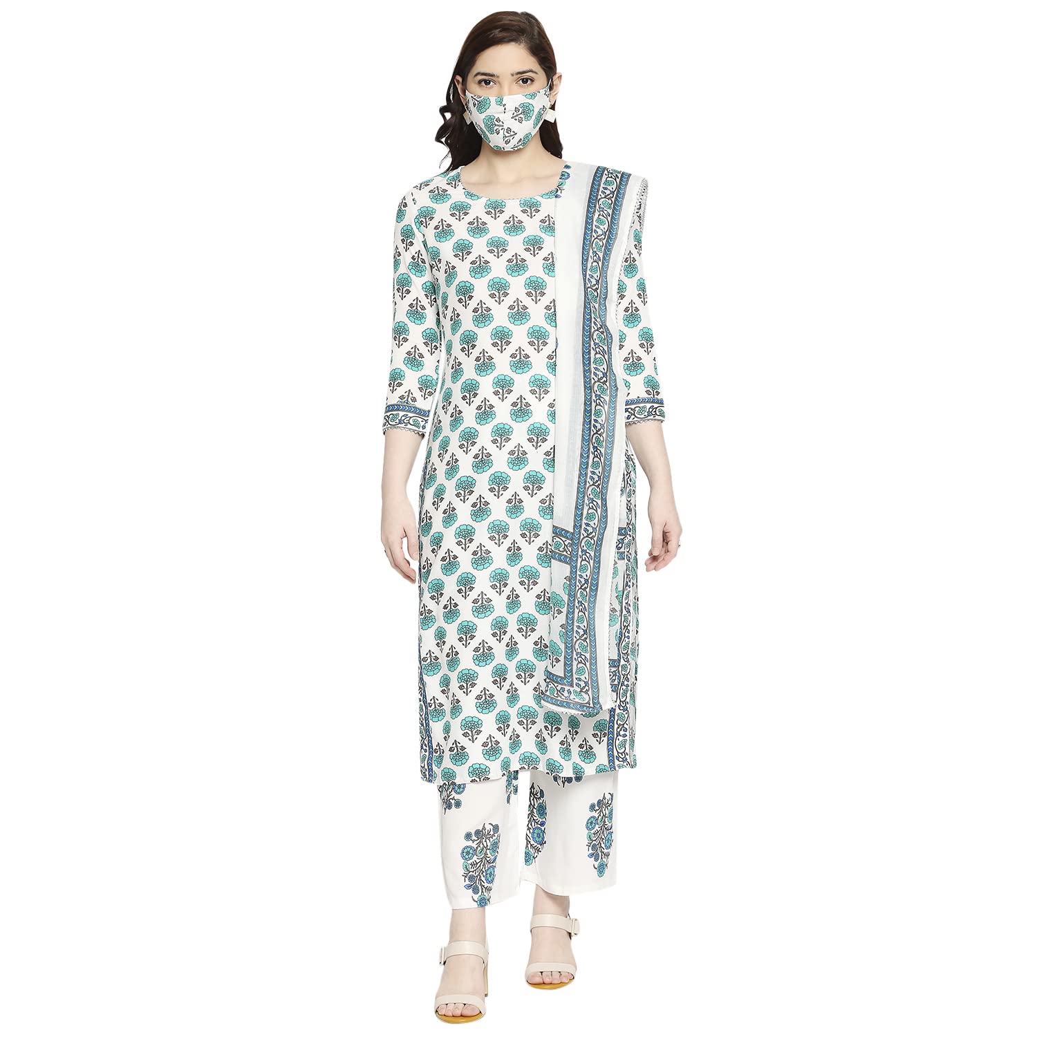 ANNI DESIGNER Womens Cotton Straight Kurta with Palazzo & Dupatta (Jaipuri SEA Green_GSK_M_Sea Green_Medium)