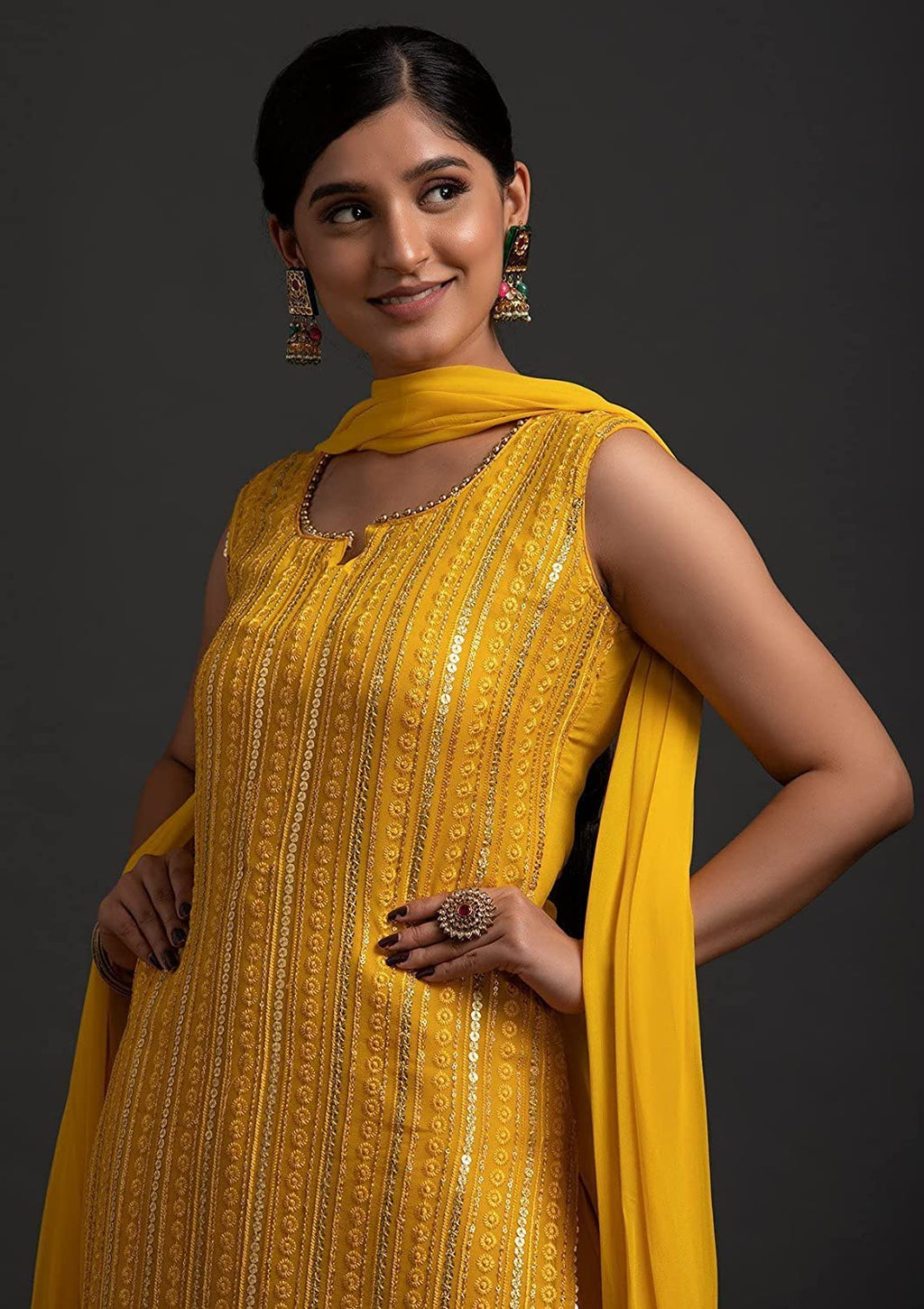Xomantic Fashion WomenS Georgette Sequence Work Kurta Sharara Set With Dupatta Yellow