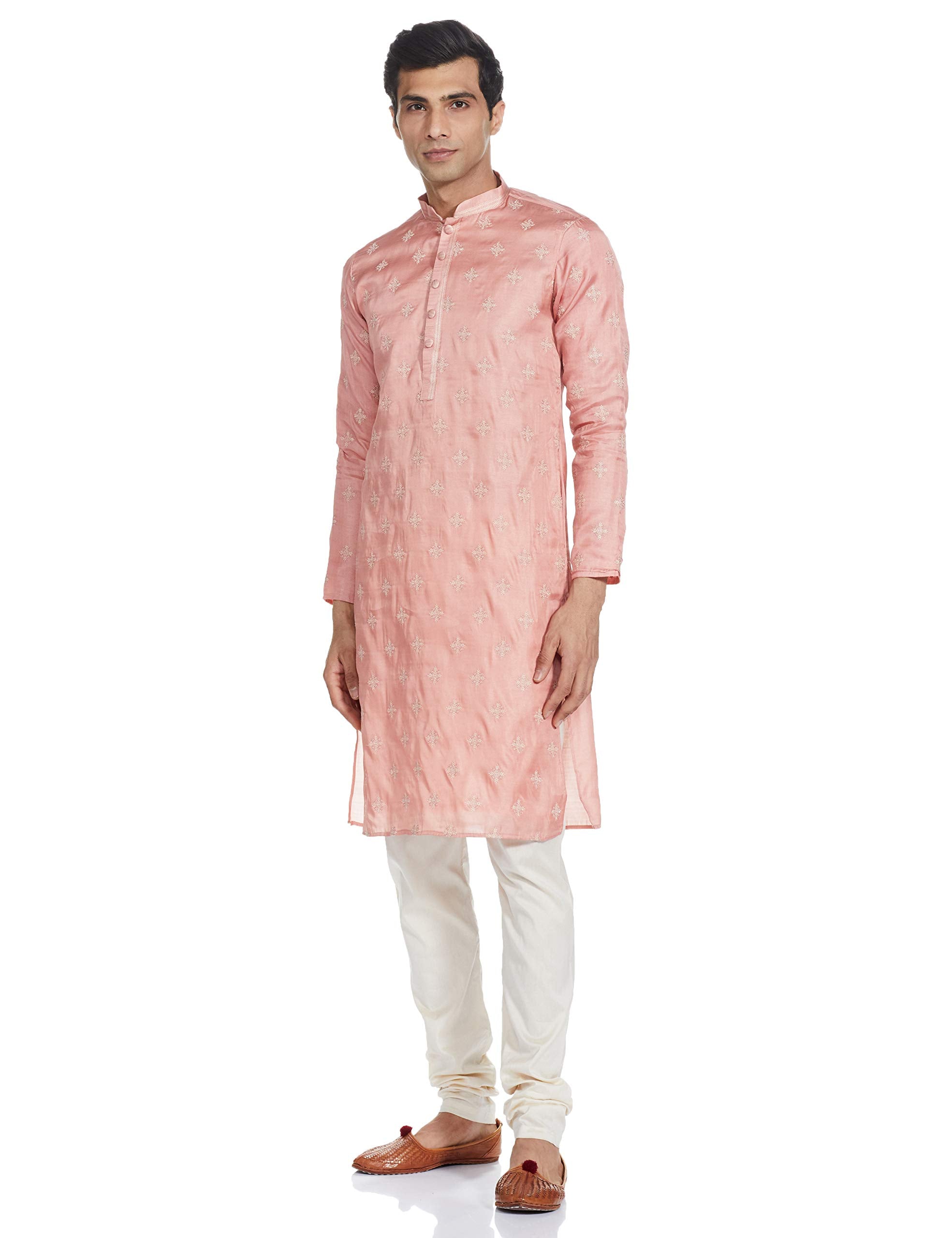 Manyavar Embroidered Design Knee Long Full Sleeves Kurta And Churidar Set For Men - (Pink, Small)