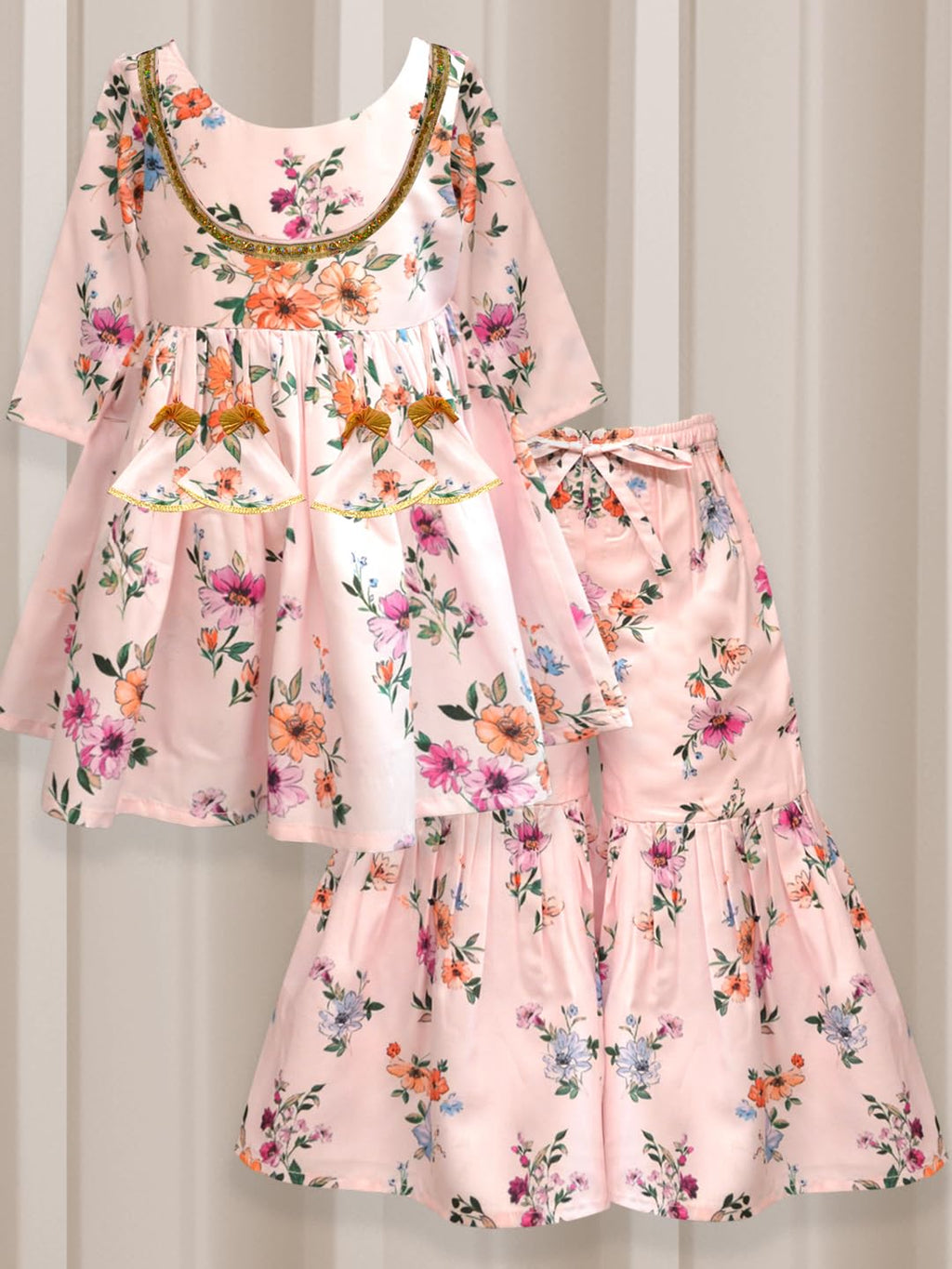 A.T.U.N. (All Things Uber Nice) A.T.U.N. Girls Ethnic Wear Sharara | Floral White And Pink Printed Kurta With Sharara Set For Gi