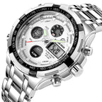 GOLDEN HOUR Luxury Stainless Steel Analog Digital Watches for Men Male Outdoor Sport Waterproof Big Heavy Wristwatch (Silver Whi