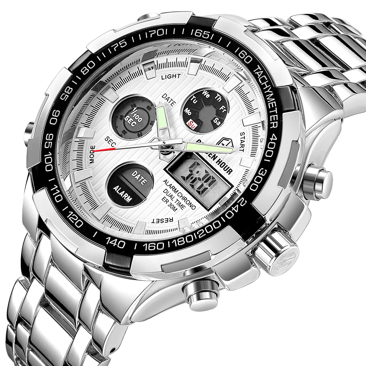 GOLDEN HOUR Luxury Stainless Steel Analog Digital Watches for Men Male Outdoor Sport Waterproof Big Heavy Wristwatch (Silver Whi
