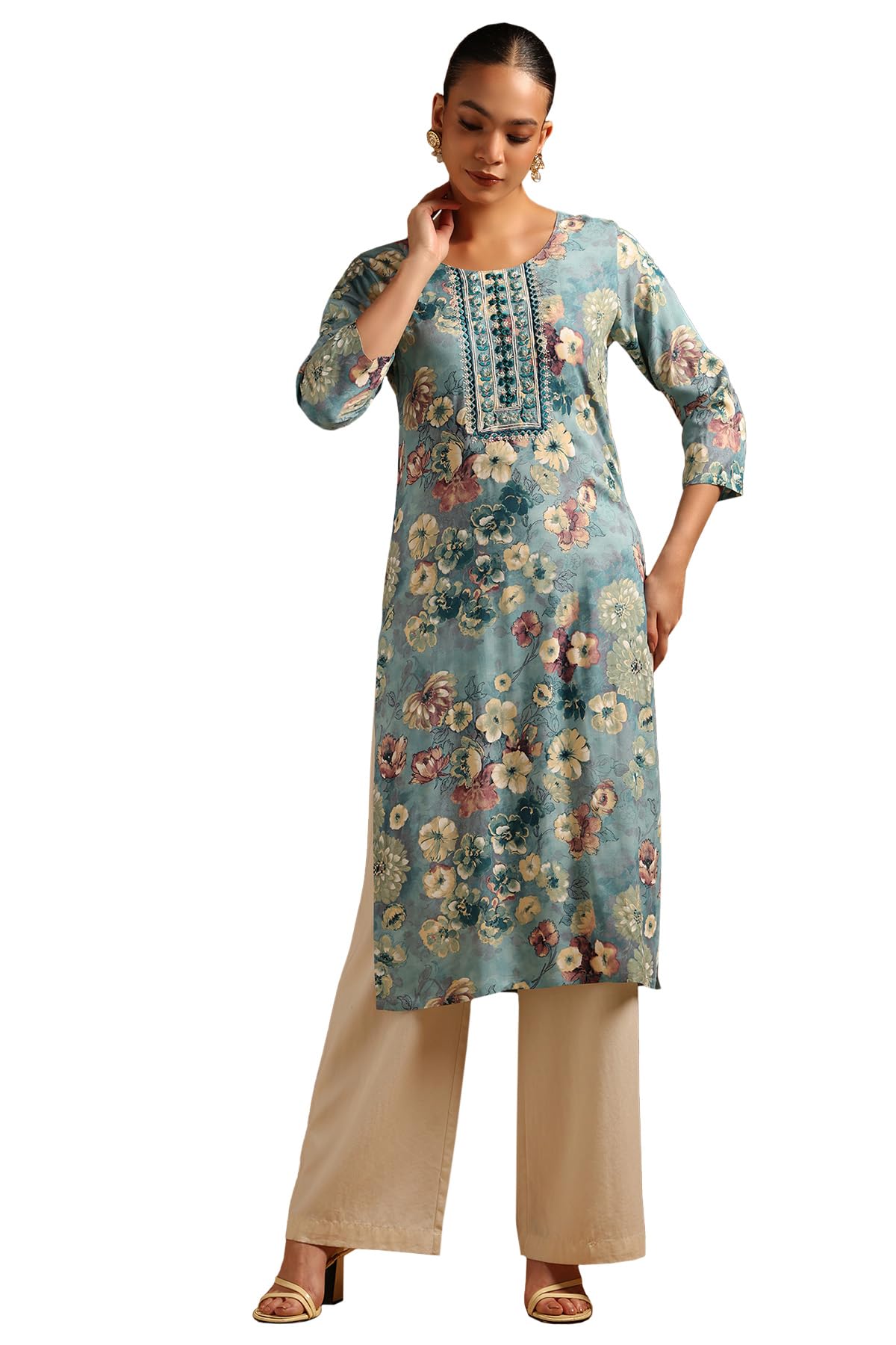 Soch Women Rayon Floral Print Kurta with Mirror Work