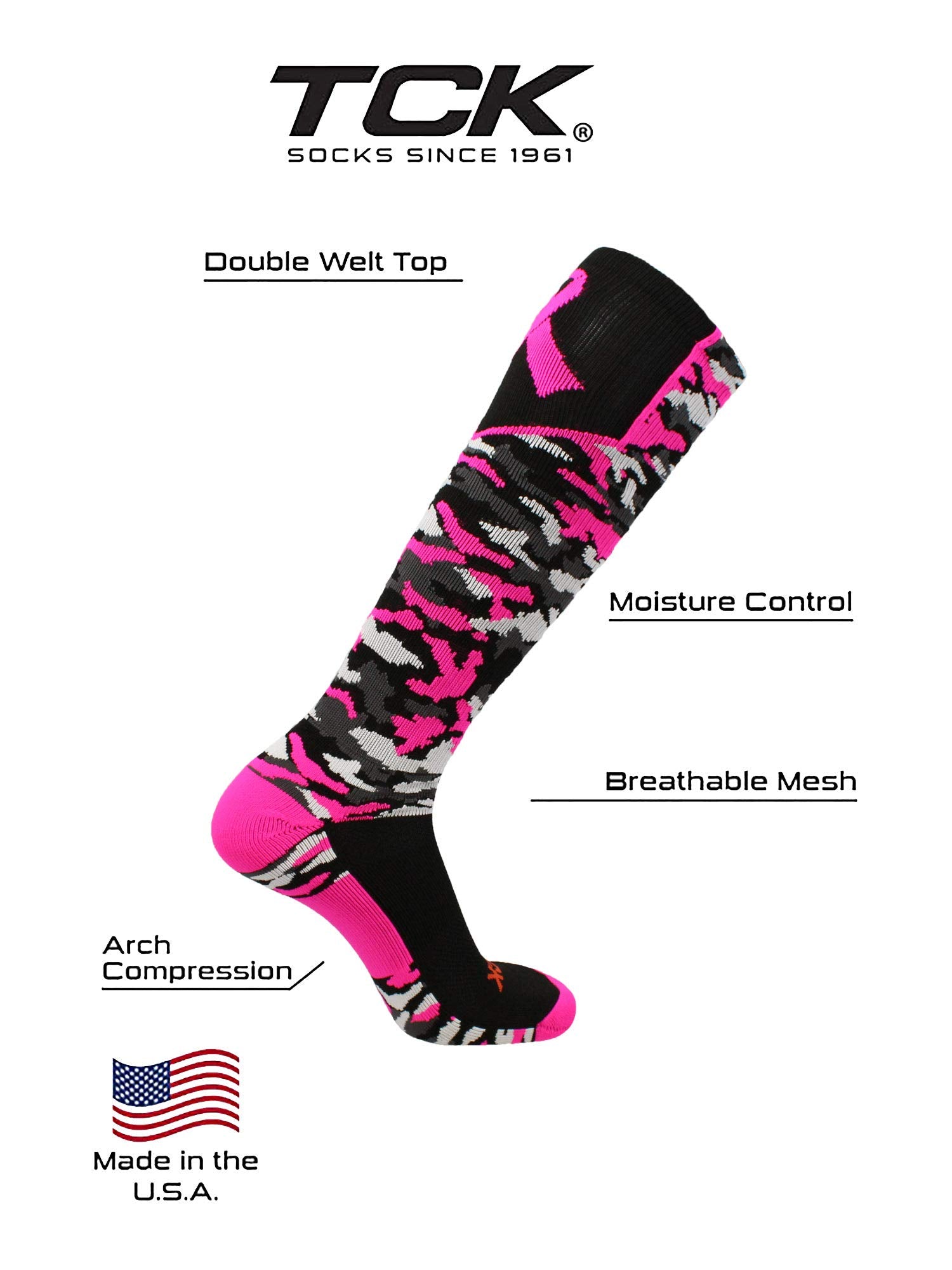 TCK Woodland Camo Breast Cancer Awareness Over the Calf Socks (Black/Hot Pink, Large) - Black/Hot Pink,Large