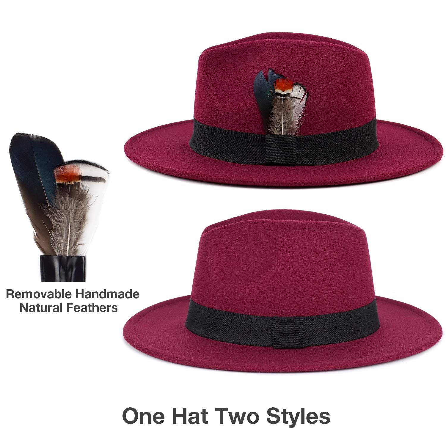 FADACHY Classic Fedora Hat for Men & Women Wide Brim Felt Hat Panama Dress Hat Burgundy Red Fedora