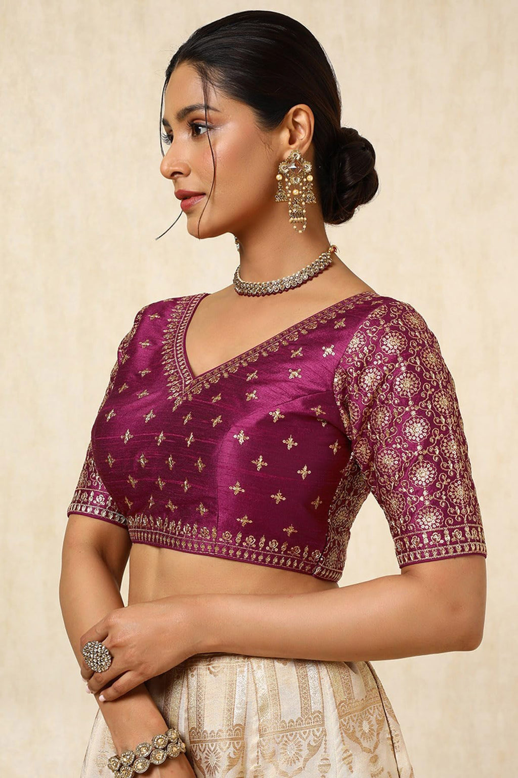 Soch Womens Magenta Tussar Embroidered Padded Blouse With Sequins